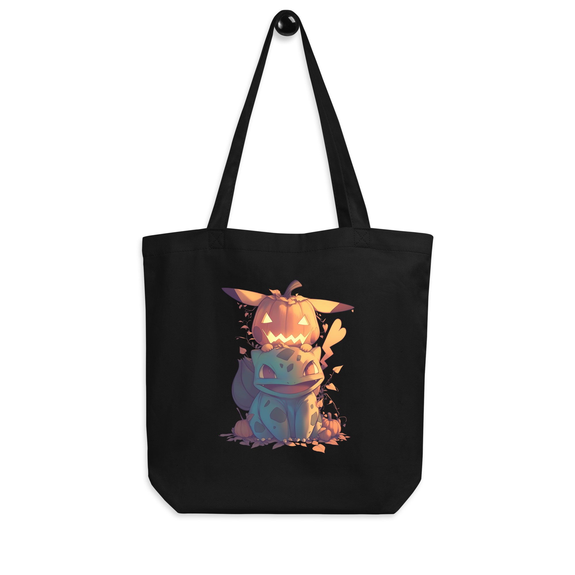 Black tote bag with Halloween-themed design 