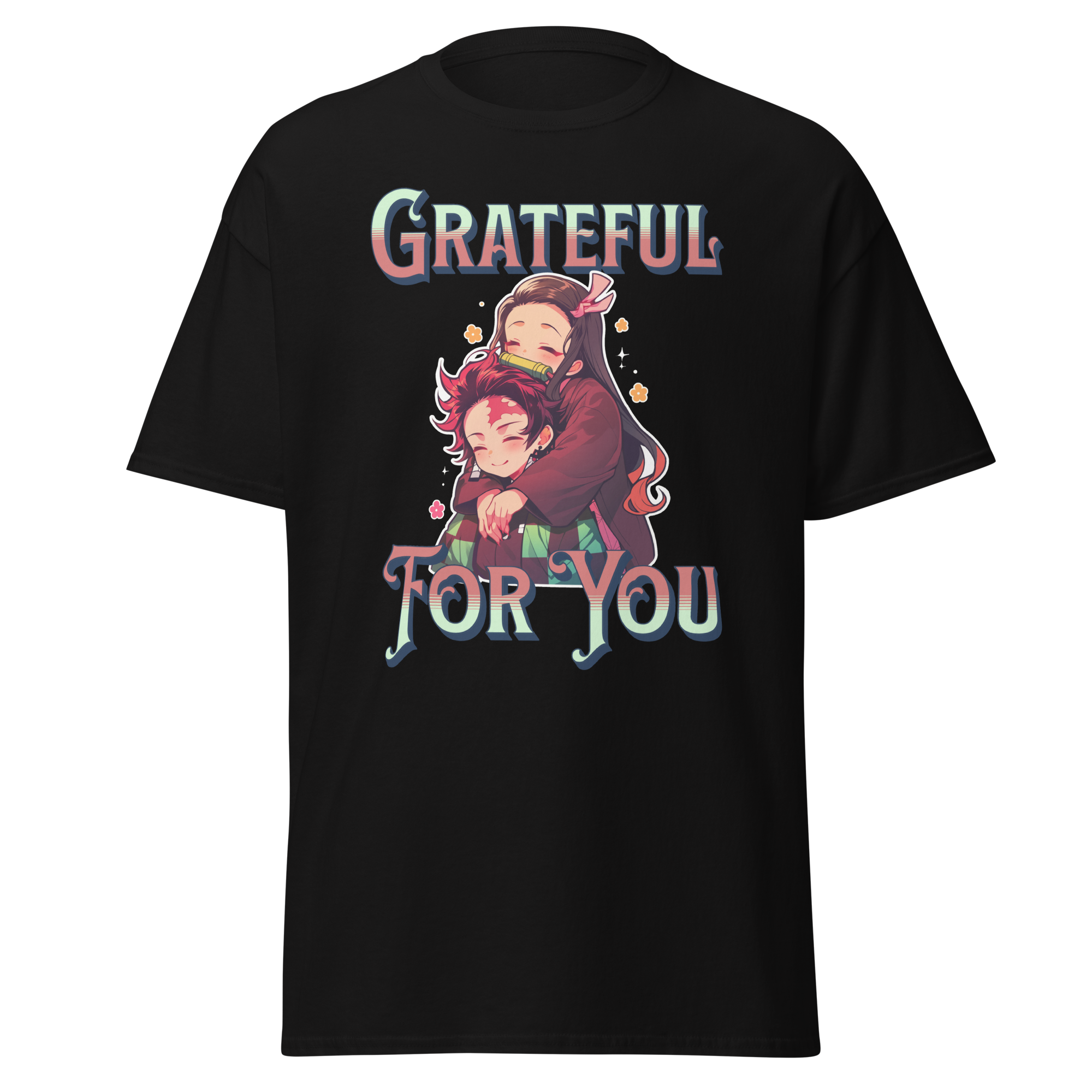 Black t-shirt with a graphic design and text 'Grateful For You'