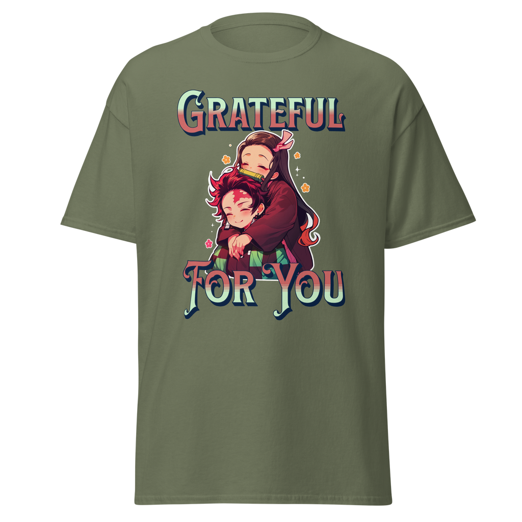 Military Green t-shirt with a graphic design of two people hugging and the text 'Grateful For You' 