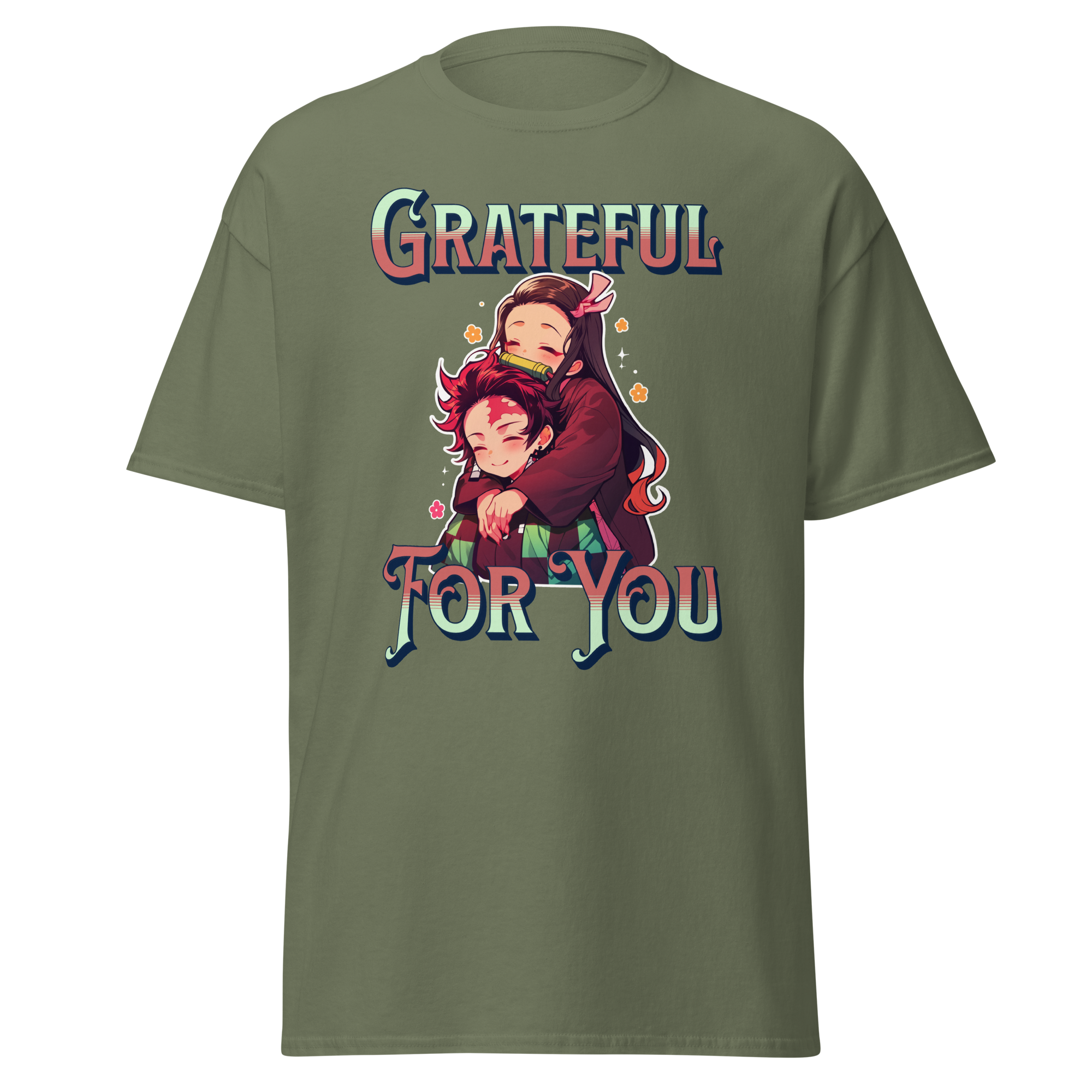 Military Green t-shirt with a graphic design of two people hugging and the text 'Grateful For You' 