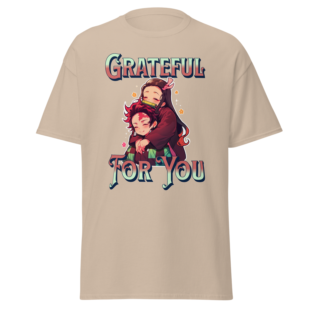 Sand t-shirt with a graphic design of two people hugging and 'Grateful For You' 