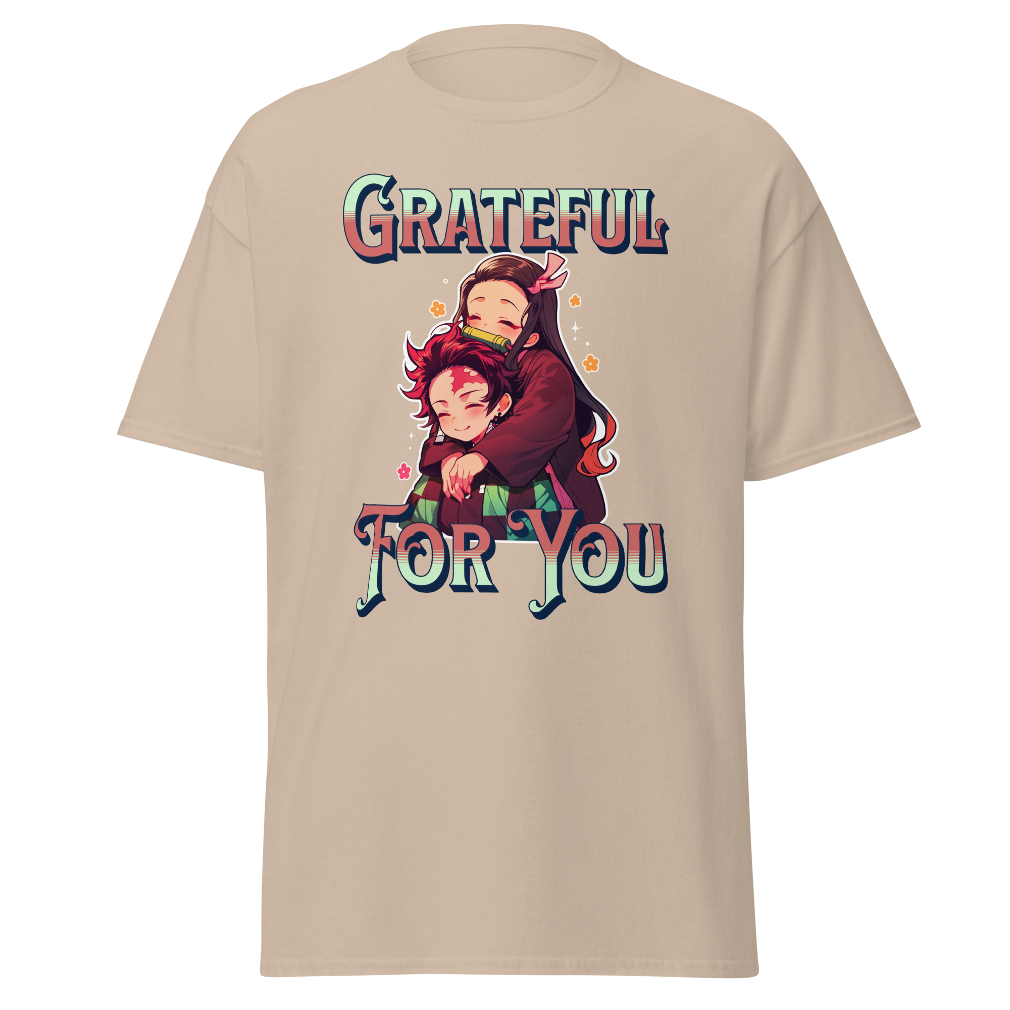 Sand t-shirt with a graphic design of two people hugging and 'Grateful For You' 