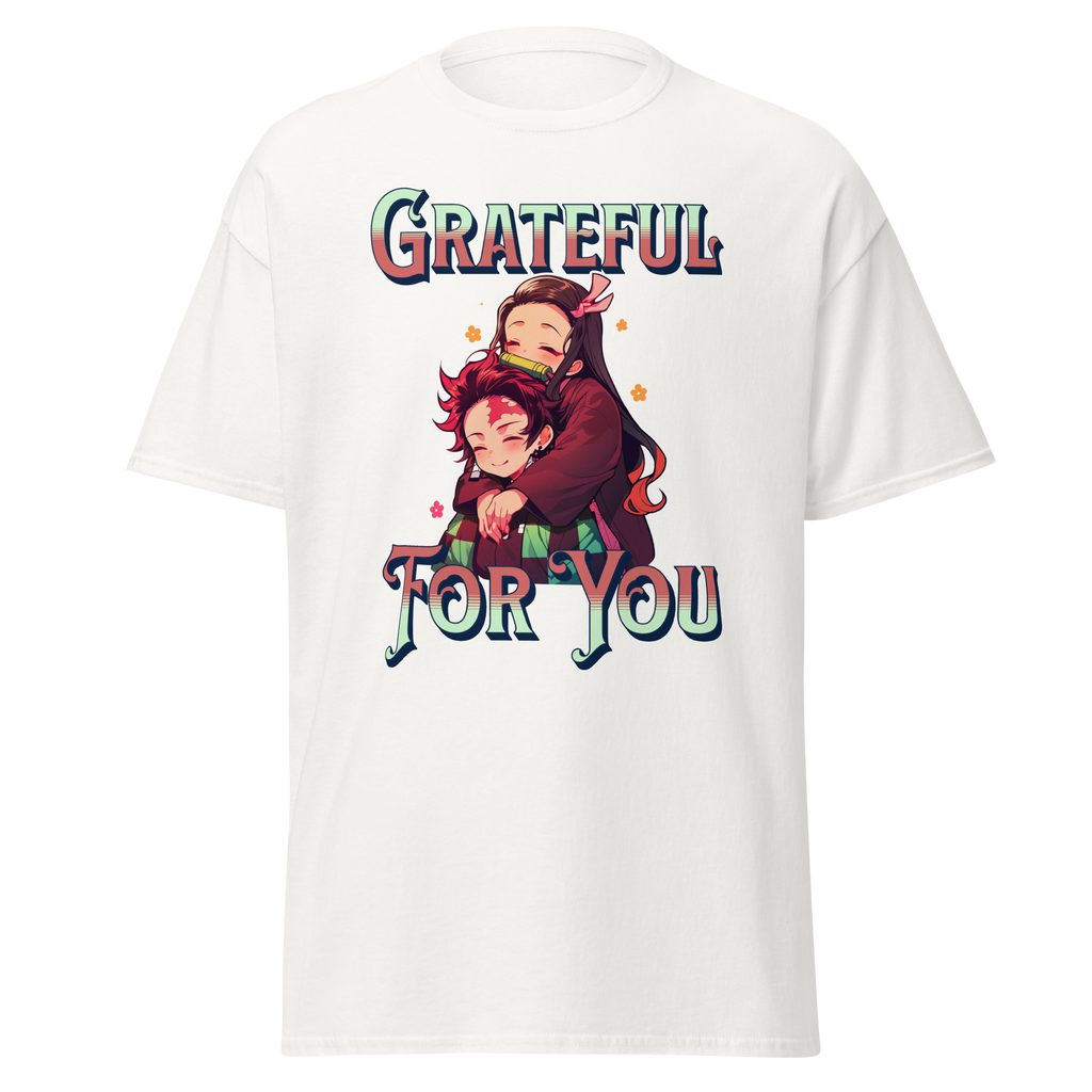 White t-shirt with cartoon design and 'Grateful For You' text on a white background