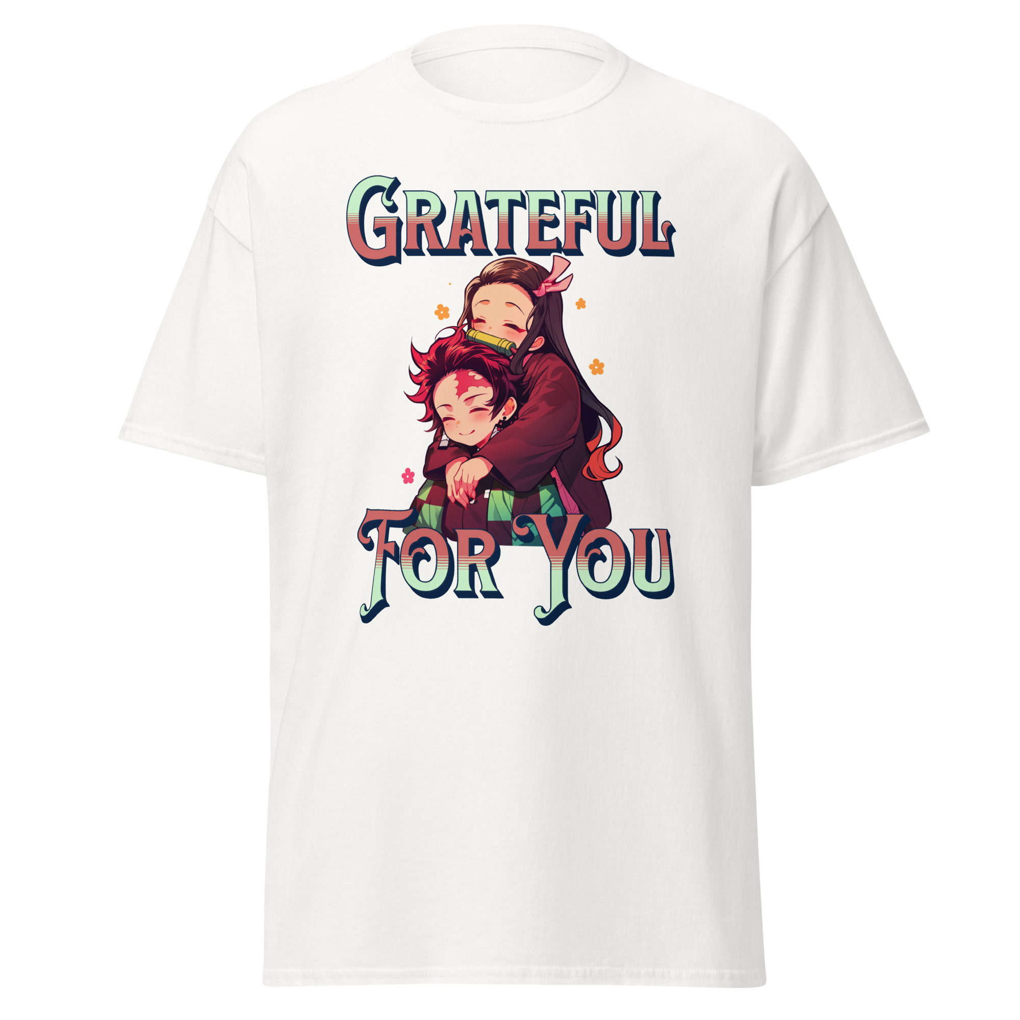 White t-shirt with cartoon design and 'Grateful For You' text on a white background